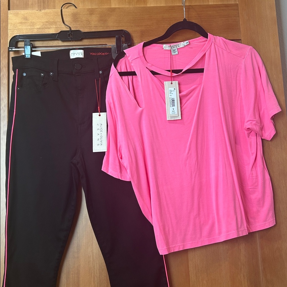 Alice and Olivia Pink Top and Black Pants Set